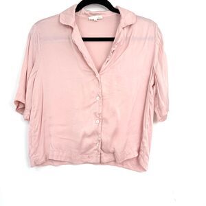 Skin Worldwide Button Front Silk Top Women's 0/XS Short Sleeve Pink Quiet Luxury